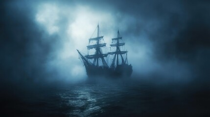 Obraz premium Ghost Ship in the Misty Night: A Haunting Seascape