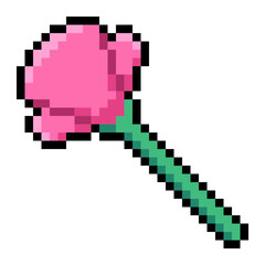 Pink Flower with Branch, Pixel Art Icon, Isolated