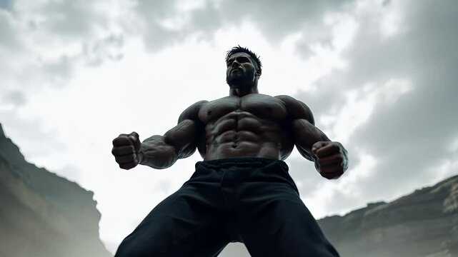 A muscular bodybuilder poses dramatically against a rugged landscape under a cloudy sky.
