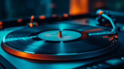 Close-up of a vinyl record spinning on a turntable, illuminated with vibrant blue and orange lighting.