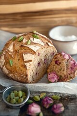 Artisan Sourdough Bread with Rose and Cardamom Garnish on Wooden Table