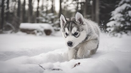 Naklejka premium A spirited young husky puppy frolicking in snowy wilderness - wildlife puppy wilderness in snow small
