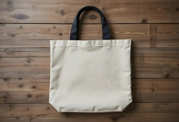 Canvas tote bag, dark handles, flat lay on weathered wooden planks, neutral tones.