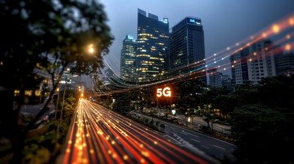 Fototapeta premium Cityscape at Night with 5G Technology, Fast Traffic, and Modern Buildings