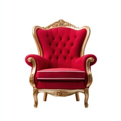 Ornate red velvet armchair with golden frame isolated against a white backdrop