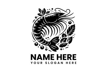 Shrimp logo: A striking black and white logo design featuring a shrimp in a circular frame, perfect for seafood businesses, restaurants, or culinary brands. A symbol of freshness, quality.