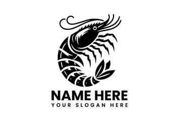 Shrimp logo: A striking black and white logo design featuring a shrimp in a circular frame, perfect for seafood businesses, restaurants, or culinary brands. A symbol of freshness, quality.