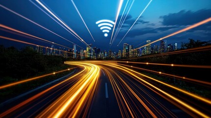 Night City Road, Wifi Network, Fast Speed, Urban Scene