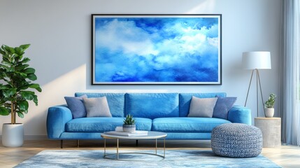 Fototapeta premium A bright living room featuring a comfortable blue couch
