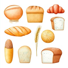 Eco-Friendly Bakery White Background A collection of various delicious bread types, including loaves, rolls, and croissants, showcasing their unique textures and shapes.