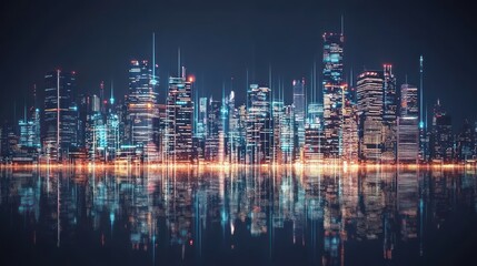 Futuristic city skyline at night, reflected on water, with vibrant digital lights