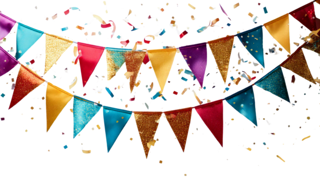 party streamers and confetti, Happy birthday celebration stickers isolated on transparent background 