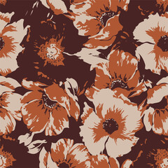  Seamless floral pattern, classic flower ornament, abstract ditsy print in vintage motif. Elegant botanical design of beautiful large wild flowers, leaves, small branches, herbs. Vector illustration.