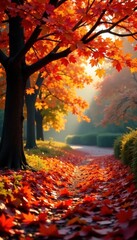 Golden, crimson, russet leaves blanket tranquil autumn scene, inviting, woods