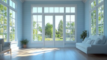 Bright living room with large windows and light blue walls