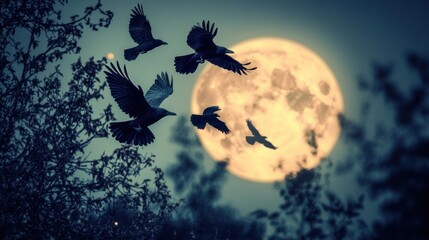 Mystical Night: Crows in Flight Underneath a Majestic Full Moon