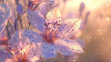 Fototapeta premium Blooming speckled flower radiates sunlight in a whimsical, dreamy garden