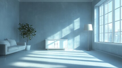 Obraz premium Light shines into a blue modern living room space