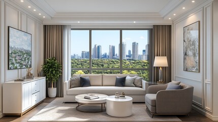 Fototapeta premium Elegantly decorated living room showcases a stunning urban cityscape view