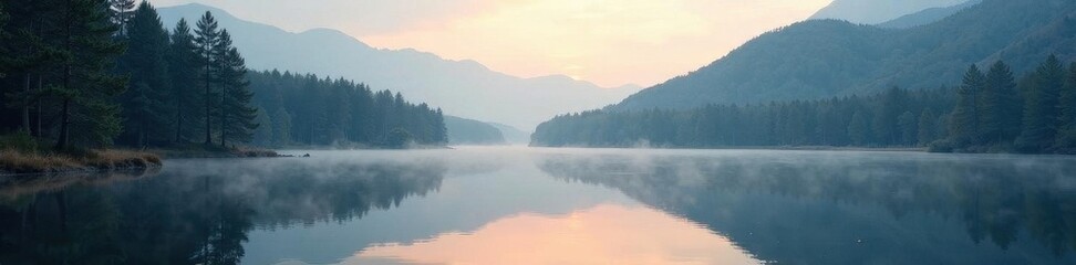 Fototapeta premium Misty morning, still lake nestled amongst pines , Tatra, lake