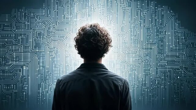 Person with curly hair faces a glowing electronic circuit board design representing future technology, artificial intelligence, networks, and data