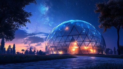 Obraz premium A futuristic glass dome structure glowing under a starry sky digital