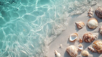 A collection of seashells on the sandy beach with clear blue water digital