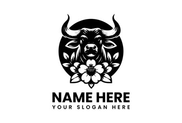 Fototapeta premium Bull Illustration: A powerful bull illustration, rendered in elegant grayscale, its form intricately interwoven with floral elements and leafy accents, a symbol of strength and nature's beauty.