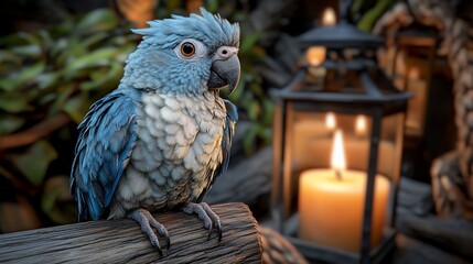 Obraz premium Blue Parrot Perched on Wood, Nighttime Garden Setting