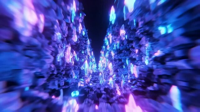Camera flying through Infinity rock tunnel into cyberspace. Synthwave flyer footage. 80s, 90s style. 
