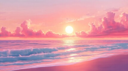 Fototapeta premium Pink Sunset Paradise: Serene Ocean Waves and Romantic Sky