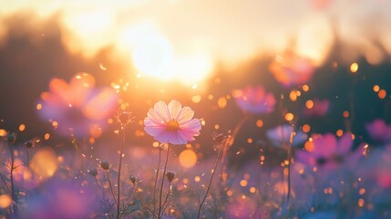 Sunset Sereneity: A Field of Cosmos Blossoms at Golden Hour