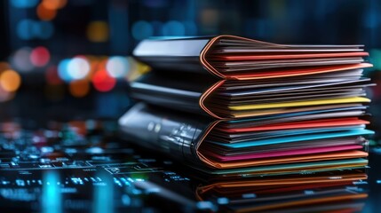 Colorful files stacked on circuit board, city lights blurred background