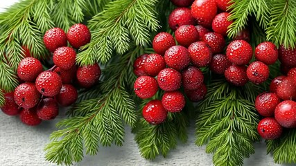 Festive close-up of vibrant red berries and fresh green fir branches, perfect for Christmas decorations or winter holiday themes. - Powered by Adobe