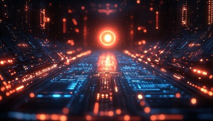 Futuristic blue glowing location pin icon connected in a digital network with neon light effects representing geolocation tracking technology