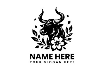 Obraz premium Powerful Bull in Floral Design: A strong bull is depicted in a floral setting, symbolizing strength, resilience, and natural harmony.