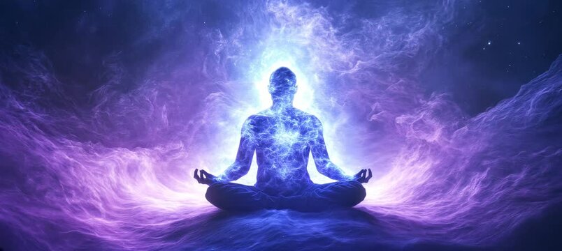 Silhouette of person on yoga meditation pose with purple soul energy. Religion belief faith worship. Generative video AI technology.	
