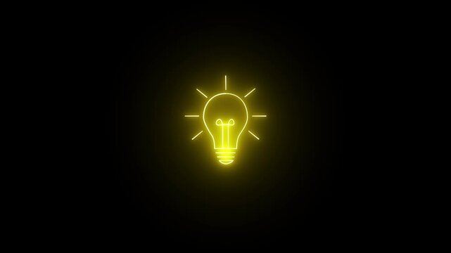 Glowing light bulb symbol animation. Glowing neon lightning bulb icon. Electric neon lamp icon and black background