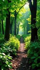 Overgrown path diverging from well-worn trail in sun-dappled forest , decision, photography, brown
