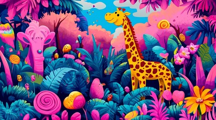Obraz premium Vibrant jungle scene with giraffe, elephant, and colorful flora.