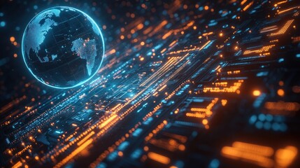 Futuristic digital stock market visualization with glowing neon blue and orange tones holographic earth globe charts financial data analysis