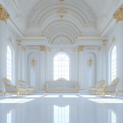 Fototapeta premium Ornate white and gold ballroom features windows and luxurious seating