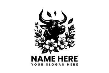 Powerful Bull in Floral Design: A strong bull is depicted in a floral setting, symbolizing strength, resilience, and natural harmony.
