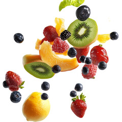 Fresh Fruit Mix on White Background with Grapes and Berries. Fruit mix on a white and transparent background, with grapes and blueberries, lemon, strawberry, orange, apple, and banana, PNG cutout.	
