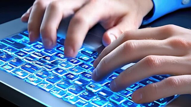 Close-up of Hands Typing on a Backlit Keyboard with Vibrant Blue Light in a Dark Environment
