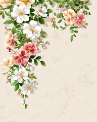 Naklejka premium Delicate pastel blossoms cascade against a light beige background creating a natural floral design with a transparent, serene visual effect.