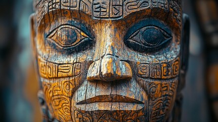 Close-up of an intricately carved wooden mask, showcasing detailed facial features and patterns.