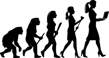 Evolution of Woman Humorous T-Shirt Design &ndash; From Caveman to Businesswoman Silhouettes in Fun and Clever Illustrations, Ideal for Feminist and Empowerment Themes, Perfect for Gifts and Apparel