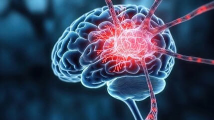 Brain with highlighted neural activity, medical illustration, blurred background