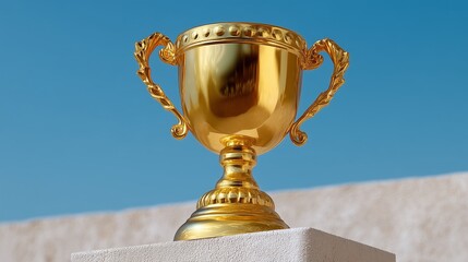 A shiny golden trophy on a pedestal against a clear blue sky, symbolizing achievement and victory.